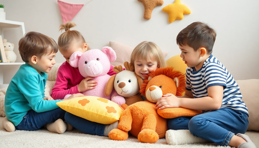 Children sitting on the floor hugging the best educational stuffed animal pillows including a pink bear and orange lion