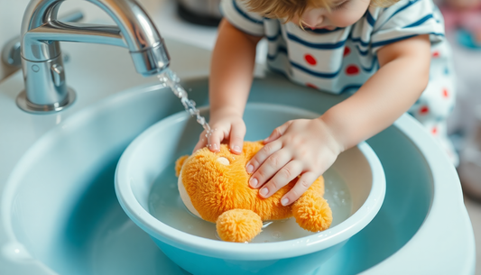 Child washing a stuffed animal in a basin under running water showing the best way to sanitize stuffed animals
