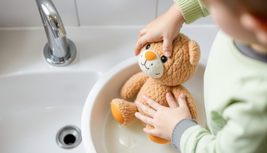 Child washing a brown stuffed bear in a sink demonstrating the best way to wash stuffed animals